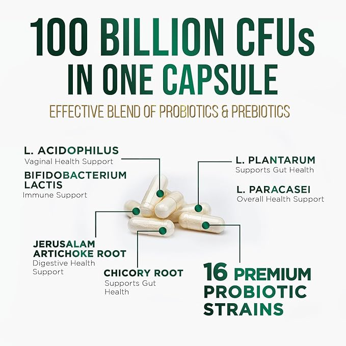 Probiotics for Women's Digestive Health - 100 Billion CFU, 16 Strains with Prebiotics, Supports Immune, Gut Health, PH, Gas & Bloating, Best Probiotic for Women & Men, Shelf Stable - 120 Capsules