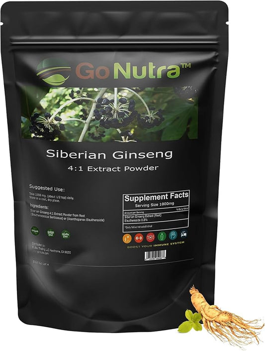 Go Nutra Siberian Ginseng Powder 4:1 Extract 4X Times Stronger Non-GMO 1lb (16 oz) Eleuthero Root