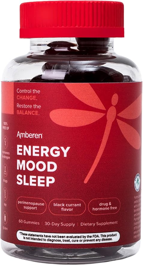 Amberen Energy, Mood, Sleep Gummies with Pycnogenol, Black Currant Flavor, 60 Ct, Support Supplements for Women 35+ to Boost Energy, Support Mood and Improves Sleep, Hormone-Free Energy Gummies