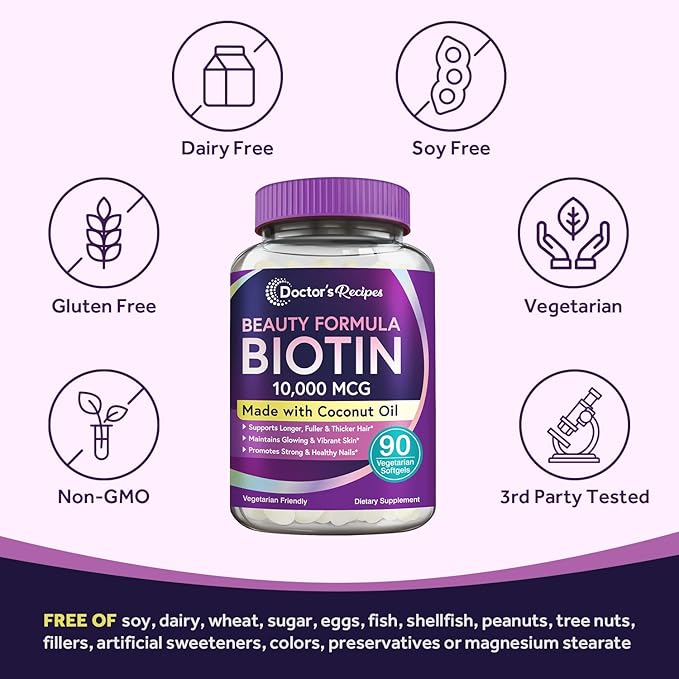 Doctor's Recipes Biotin 10,000 mcg, Hair Growth, Healthy Skin & Nails, Energy Metabolism, Vegetarian-Friendly Biotin, with Coconut Oil, Non-GMO, 3 Month Supply, 90 Vegetarian Softgels