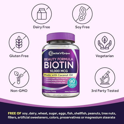 Doctor's Recipes Biotin 10,000 mcg, Hair Growth, Healthy Skin & Nails, Energy Metabolism, Vegetarian-Friendly Biotin, with Coconut Oil, Non-GMO, 3 Month Supply, 90 Vegetarian Softgels