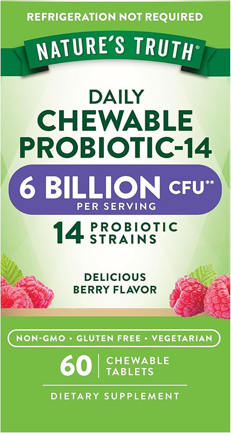 Nature's Truth Probiotic Chewable for Men and Women | 6 Billion CFU | 60 Count | 14 Strains | Berry Flavor | Non-GMO & Gluten Free