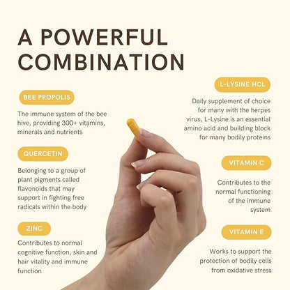 L-Lysine & Propolis Supplements |High Potency L Lysine Immune Support Formula with 5:1 Propolis Extract, Quercetin, VIT C, VIT E and Zinc