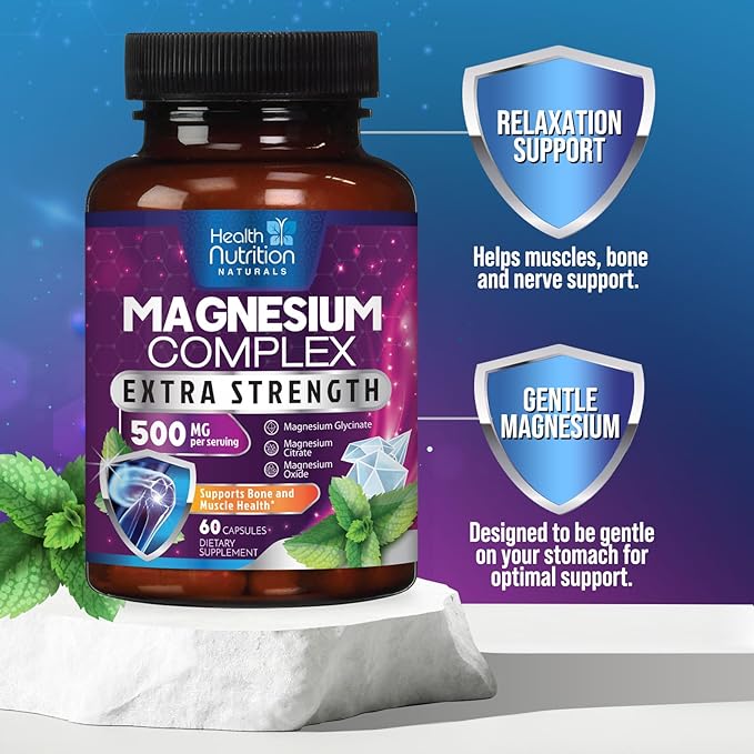 Magnesium Supplement Citrate Capsules 500mg with Glycinate, Oxide, Malate, Citrate - for Muscle, Nerve, Bone and Heart Health Support - High Absorption Glycinate Complex, Gluten Free - 60 Capsules