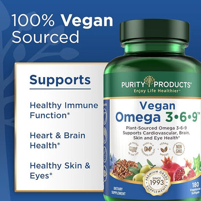 Purity Products Vegan Omega 3-6-9 Formula - “5 in 1” Essential Fatty Acid Complex - Scientifically Formulated Plant-Based Omega 3 6 9 Essential Fatty Acids (EFA) - 3 Month Supply - 180 Softgels