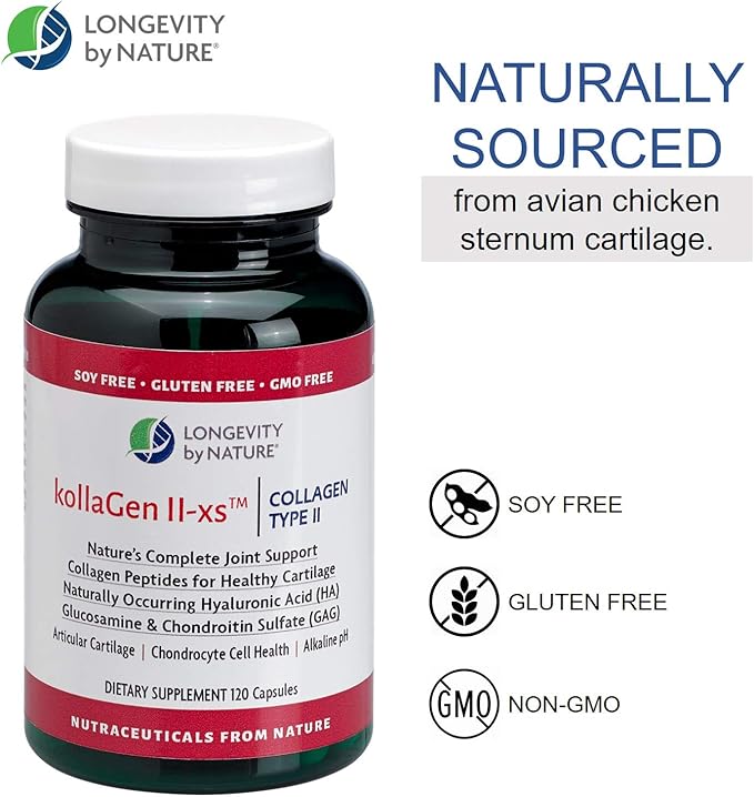 Longevity by Nature KollaGen II-xs - Collagen with Glucosamine and Chondroitin, 120 Capsules Dietary Supplement