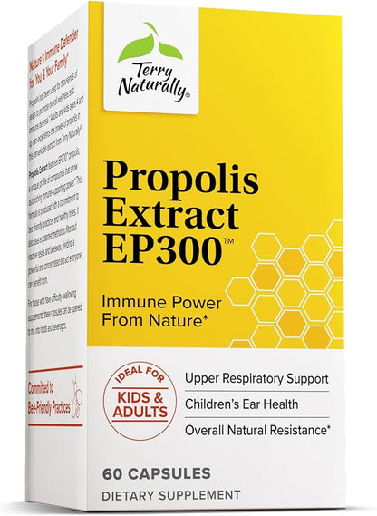 Terry Naturally Propolis Extract EP300 - Upper Respiratory & Immune System Support Supplement - Child & Adult Supplement with Bee Propolis Extract - 60 Capsules