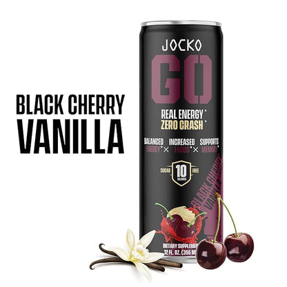 Jocko GO Energy Drink - KETO, Vitamin B12, Vitamin B6, Electrolytes, L Theanine, Magnesium- Energy Boost, Sugar Free Nootropic Monk Fruit Blend - 12 Pack (Black Cherry Vanilla)