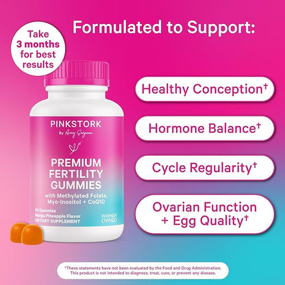 Pink Stork Premium Fertility Gummies for Women - Prenatal Conception Supplements for Her with Inositol, CoQ10, Folate and Vitamins to Support Hormone Balance, Ovulation + Menstrual Cycle, 60 Gummies
