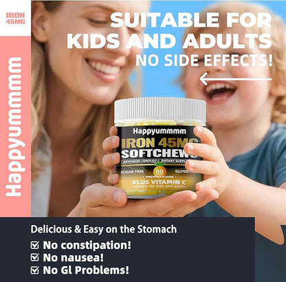 Iron Soft Chews Supplement with Vitamin C | Pineapple Flavored | Gluten Free | Iron Supplement for Women Men and Kids | 60 Count | 2 Month Supply