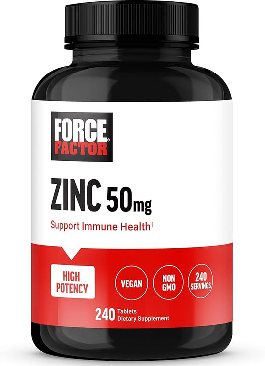 Force Factor Zinc 50mg, Zinc Supplements with Zinc Oxide Powder, Zinc Gluconate, and Zinc Citrate for Immune Support and Immune Health, High-Potency, Vegan, Gelatin Free, Non-GMO, 240 Tablets