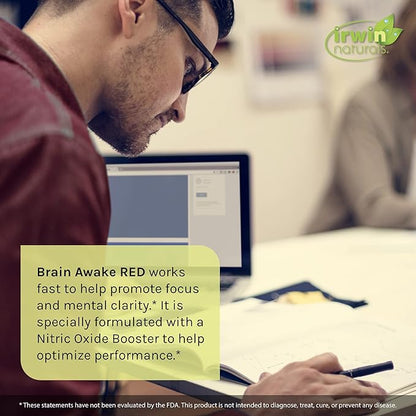 Irwin Naturals Brain Awake RED with Nitric Oxide Booster - 60 Liquid Soft-Gels, Pack of 2 - Support Brain Health & Optimize Performance - 40 Total Servings