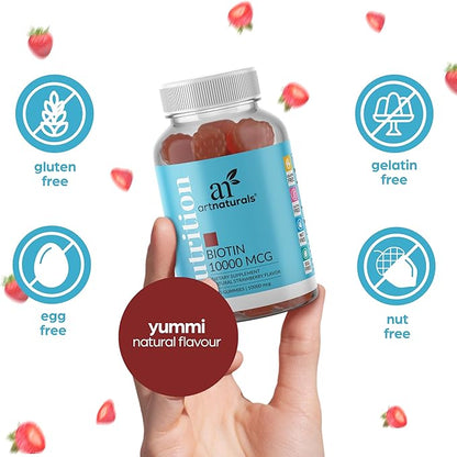 Artnaturals Biotin Gummies for Hair Growth - (100 Gummies - 10000mcg) - Natural Strawberry Vitamins Supports Nails and Skin - Gelatin, Gluten, Nut and Egg Free