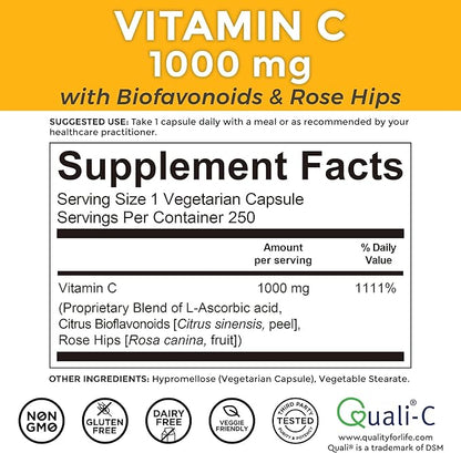 Viva Naturals Vitamin C 1000mg - Non-GMO Vitamin C Supplements with Citrus Bioflavonoids & Rose HIPS for Immune Support & Antioxidant Protection, 250 Vegetarian Capsules