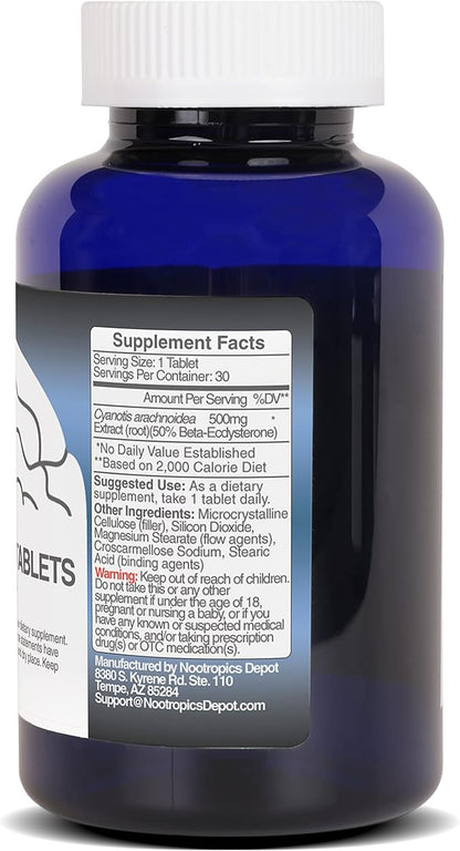 Nootropics Depot Beta Ecdysterone/20-Hydroxyecdysone 50% Tablets | 500mg | Cyanotis Arachnoidea Extract | Phytoecdysteroid | 30 Count