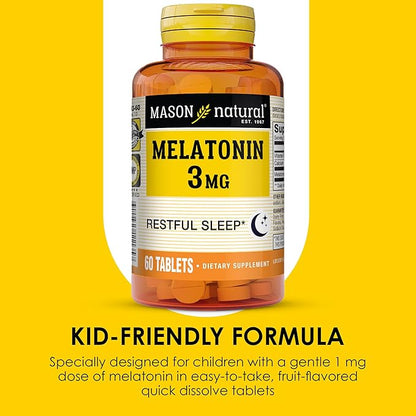 MASON NATURAL Melatonin 3 mg with B6 and Calcium, Natural Sleep Aid, Supports Healthy Sleep & Rest, 60 Tablets