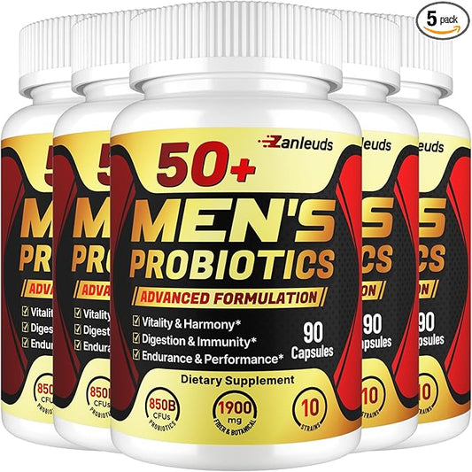 Probiotics for Men, Potent 50+ Mens Probiotic, Complete Gut & Digestive Health, with 850 Billion CFU, 1900mg Prebiotic Fiber, Energize, Immune, Mens Probiotics for Gut Health Over 50-450 Capsule
