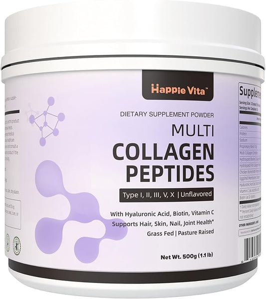 Multi Collagen Peptides Powder, Type I, II, III, V, X Hydrolyzed Collagen Protein Powder with Biotin, Hyaluronic Acid, Vitamin C for Healthy Hair, Skin, Nails, Joint, Unflavored 1.1 lbs