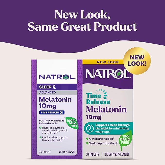 Natrol Melatonin Advanced Sleep Tablets with Vitamin B6, Helps You Fall Asleep Faster, Stay Asleep Longer, 2-Layer Controlled Release, 100% Drug-Free, Maximum Strength, 10mg, 30 Count