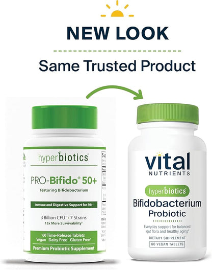 Hyperbiotics Vital Nutrients Bifidobacterium Probiotic | 7 Targeted Strains | Supports Immune and Digestive Health for Older Adults | Shelf-Stable | Vegan | 60 Tablets