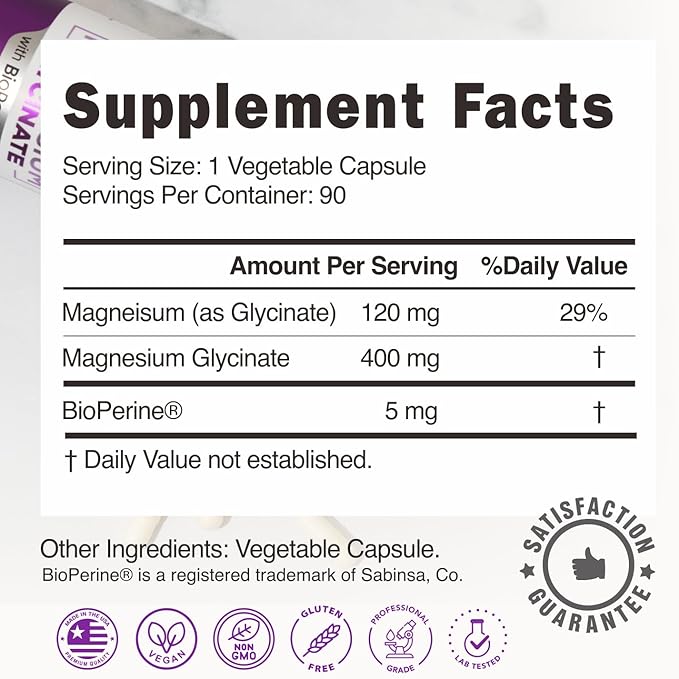 Magnesium Glycinate 400mg - 5X Higher Absorption - Support Stress Relief, Sleep, Bone Health - 100% Chelated - Pure Magnesium Supplement - 90 Veggie Capsules