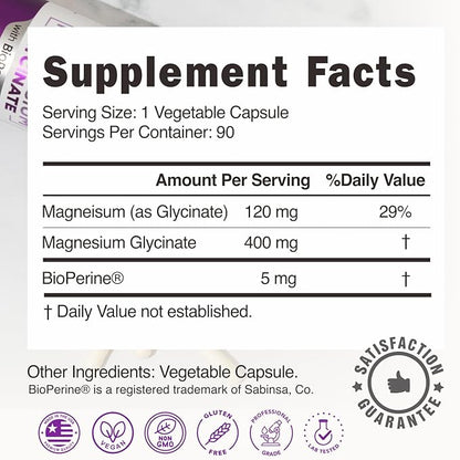 Magnesium Glycinate 400mg - 5X Higher Absorption - Support Stress Relief, Sleep, Bone Health - 100% Chelated - Pure Magnesium Supplement - 90 Veggie Capsules