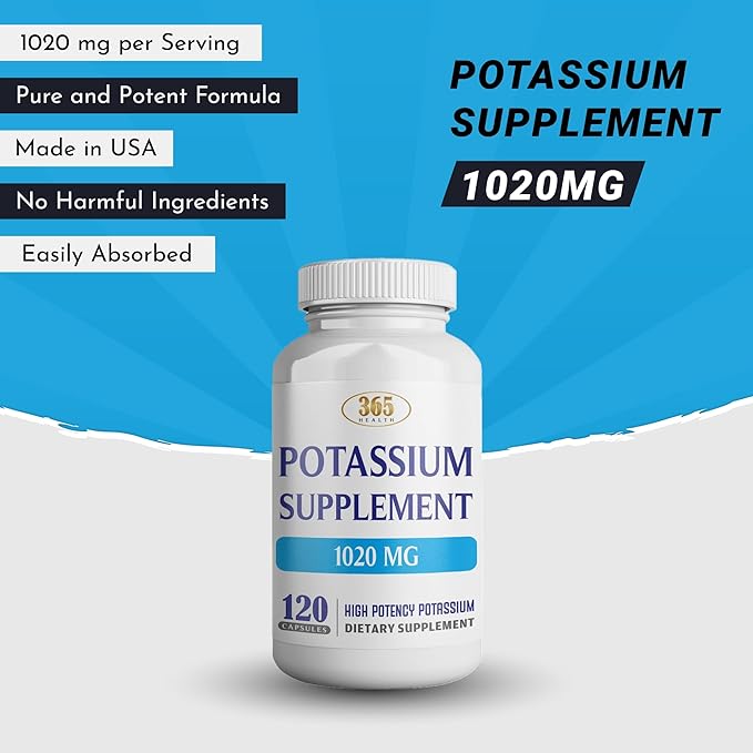 365 Health Potassium Supplement 1020 mg | Potassium Bicarbonate | Non-GMO | Gluten Free | Made in USA | 120 Vegetarian Capsules
