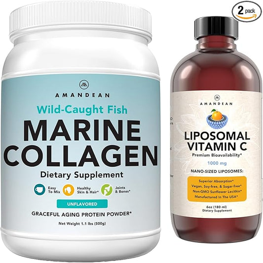 Marine Collagen Powder + Vitamin C - Perfect Skin from Within Combo. Wild-Caught Cod Fish Peptides, Liposomal VIT C Liquid 1000mg. Boost Production and Synthesis for Healthy Aging, Beauty, Wellness.