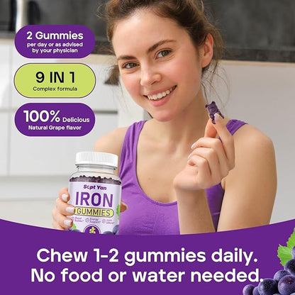Iron Gummies for Women and Men, Iron Gummies with Folate, Vitamin B12, Zinc & D3 for Blood Building, Energy Boost, Immune Support & Bone Health, Gentle Absorption, Vegan,Grape Favour 60ct