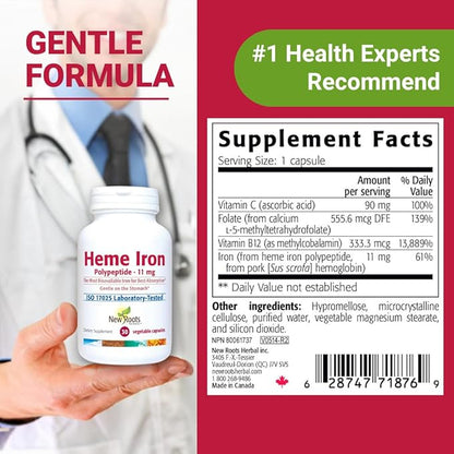 New Roots | Natural Heme Iron Supplement with Vitamin C, B12, & Folate,| Ferritin Supplement for Energy, Focus, and Endurance | Raise Hemoglobin & Ferritin for Women, Low-FODMAP (30 Capsules)