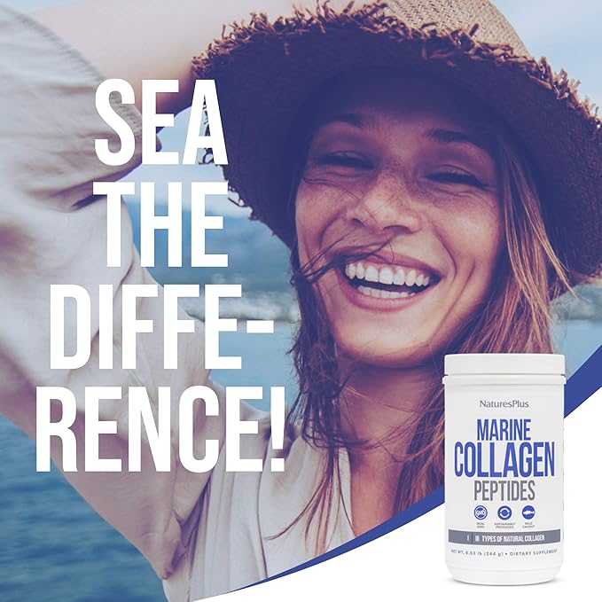 Natures Plus Marine Collagen Peptides, Unflavored - 0.54 lb - Hair, Skin, Nail & Joint Health, Immune System Support - Gluten Free, Non-GMO - 20 Servings