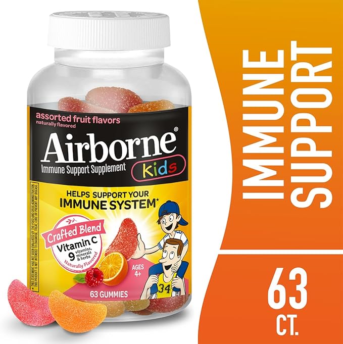 Airborne Kids 500mg Vitamin C Gummies, Kids Immune Support Zinc Gummies with Powerful Antioxidants VIT C & E - 63 Gummies, Assorted Fruit Flavor (Pack of 3)