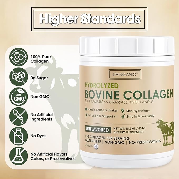 Collagen Peptides Powder Unflavored 15.9oz, Hydrolyzed Bovine Collagen 41 Servings Types I & III, Grass-Fed, Pasture-Raised Protein, Zero Sugar Supplement