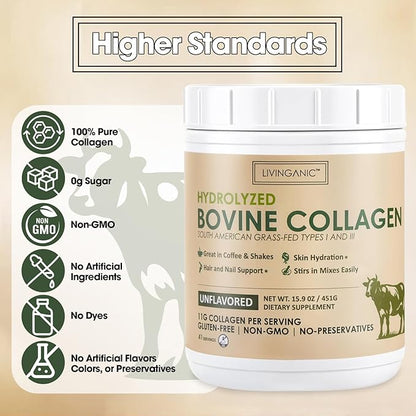 Collagen Peptides Powder Unflavored 15.9oz, Hydrolyzed Bovine Collagen 41 Servings Types I & III, Grass-Fed, Pasture-Raised Protein, Zero Sugar Supplement