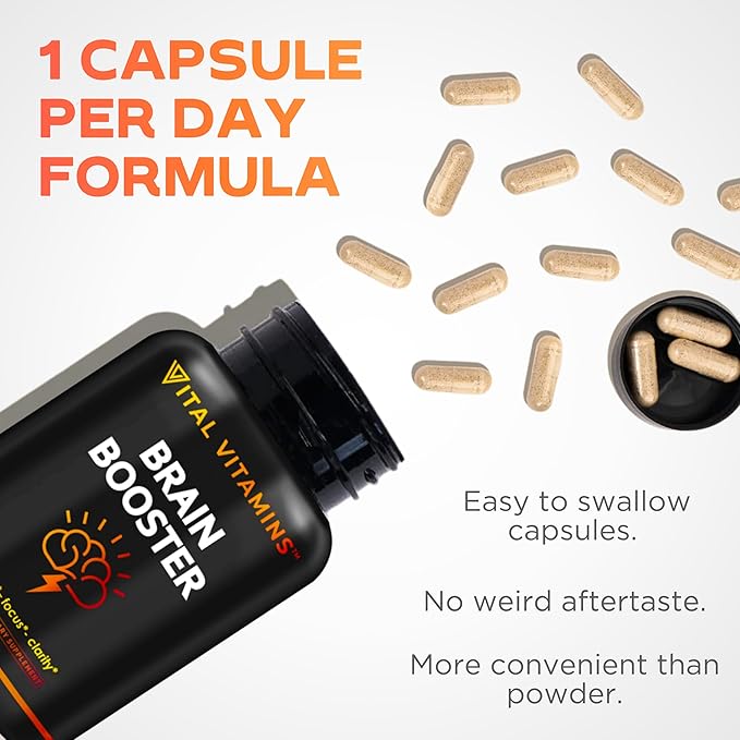 Vital Vitamins Brain Supplements for Memory and Focus – Nootropic Brain Booster with Bacopa Monnieri, Ginkgo Biloba, Rhodiola – Caffeine-Free Support for Adults & Seniors – 30-Day Supply, 30 Capsules