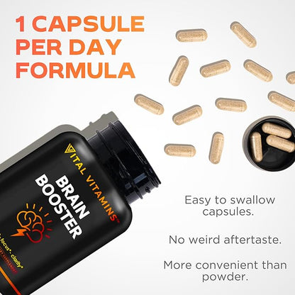 Vital Vitamins Brain Supplements for Memory and Focus – Nootropic Brain Booster with Bacopa Monnieri, Ginkgo Biloba, Rhodiola – Caffeine-Free Support for Adults & Seniors – 30-Day Supply, 30 Capsules
