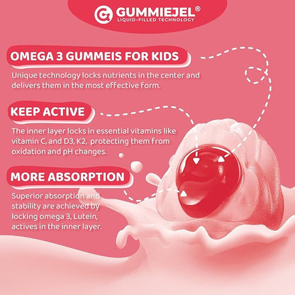 Omega 3 Gummies for Kids 4+, with DHA, Vitamin D3 K2, C, B6 B12, Luetin & Omega 3 6 9, No Fish Taste, Sugar Free Kids Vitamins Gummies, for Brain Bone Eyes Focus Immunity, Fish Oil Alternative, 120Cts