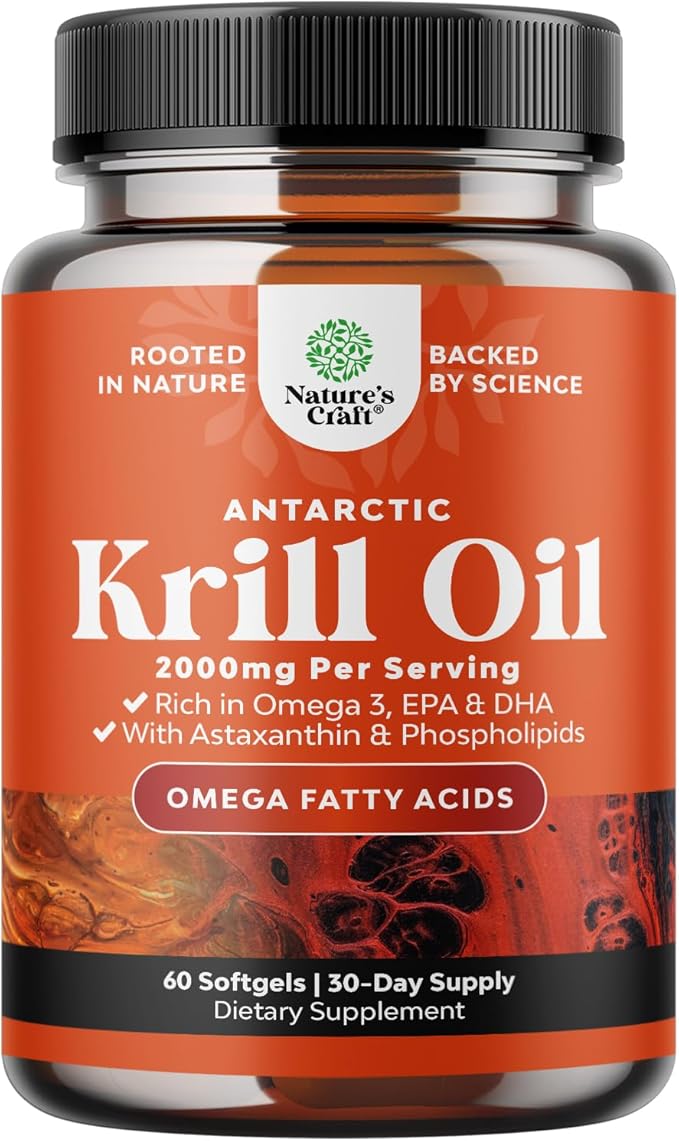 Antarctic Krill Oil 2000mg Softgels Per Serving - Omega 3 Krill Oil Supplement with EPA DHA & Astaxanthin for Brain Joint & Heart (60 Count (Pack of 1))