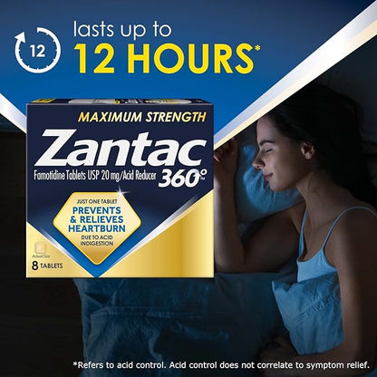 Zantac 360 Maximum Strength Tablets, 8 Count, Heartburn Prevention and Relief, 20 mg Tablets