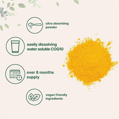 Micro Ingredients Water Soluble COQ10 Supplement (COQ10 200mg Per Serving in Powder Form), 50 Grams (8 Months Supply), Extra Absorption, Supports Heart and Energy Health, Vegan Friendly
