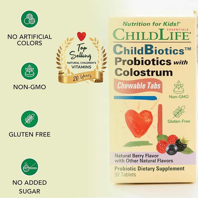 CHILDLIFE ESSENTIALS ChildBiotics with Colostrum- Probiotics for Kids, Probiotics for Digestive Health, Chewables, Children's Probiotic, Colostrum for Kids - Natural Berry, 92 Tablets (Pack of 2)