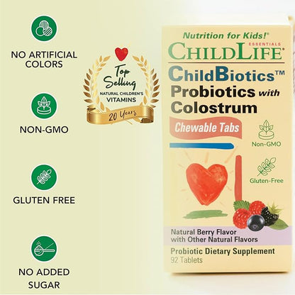 CHILDLIFE ESSENTIALS ChildBiotics with Colostrum- Probiotics for Kids, Probiotics for Digestive Health, Chewables, Children's Probiotic, Colostrum for Kids - Natural Berry, 92 Tablets (Pack of 2)