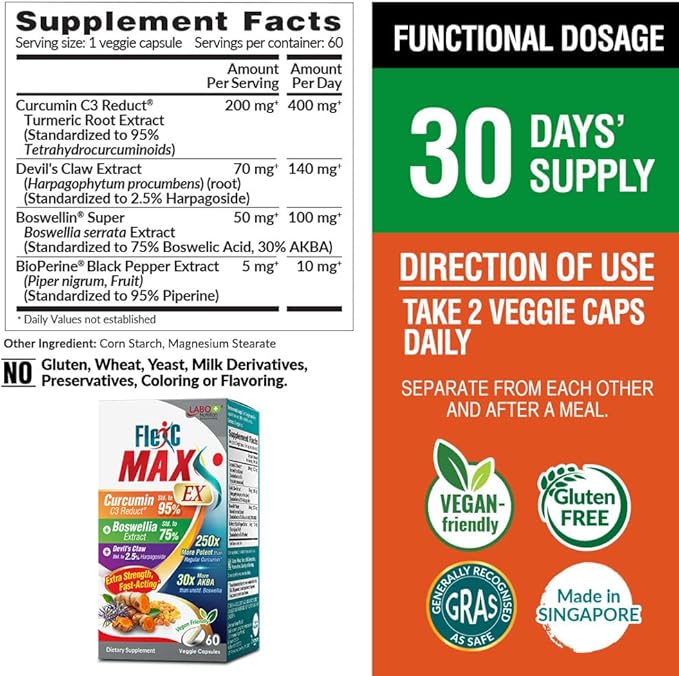 LABO Nutrition FlexC MAX EX with Turmeric Curcumin C3 Reduct 95% Tetrahydrocurcuminoids, Bioperine, Boswellia Extract & Devil’s Claw, Effective Antioxidation, Joint & Body Discomfort Relief