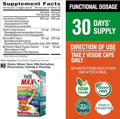 LABO Nutrition FlexC MAX EX with Turmeric Curcumin C3 Reduct 95% Tetrahydrocurcuminoids, Bioperine, Boswellia Extract & Devil’s Claw, Effective Antioxidation, Joint & Body Discomfort Relief