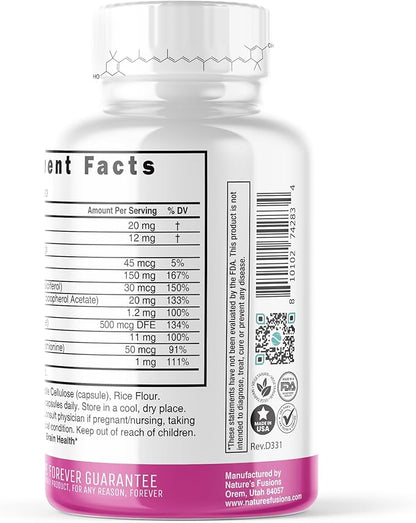 Nature's Fusions Nutri Lutein 20mg Eye Vitamins Complex - Triple Carotenoid Formula - Lutein and Zeaxanthin - Contains Zinc, Vitamins A,C,D3,E, Folate - 60 Capsules - Eye Health Supplements