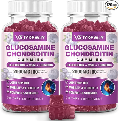 2 Packs 2000mg Glucosamine Chondroitin Gummies, Extra Strength Glucosamine with Chondroitin MSM & Turmeric, Joint Support Supplement, Antioxidant Immune Support - 120 Gummies