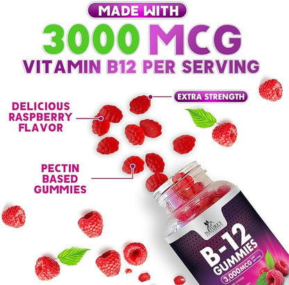 B12 Gummies for Adults, Extra Strength Energy 3000 mcg - B-12 Energy Metabolism & Immune System Support - Chewable Dietary Supplement for Adults & Kids Caffeine Free Gummy Vitamin - 120 Gummies