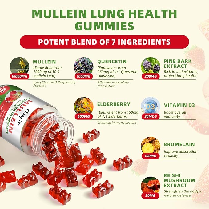 (2 Pack Mullein Gummies for Lungs – Mullein Leaf Extract with Quercetin, Elderberry for Respiratory & Immune Support,Lung Health & Breathing, Vegan, Strawberry Flavor, 60 Gummies