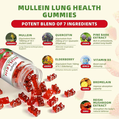 (2 Pack Mullein Gummies for Lungs – Mullein Leaf Extract with Quercetin, Elderberry for Respiratory & Immune Support,Lung Health & Breathing, Vegan, Strawberry Flavor, 60 Gummies