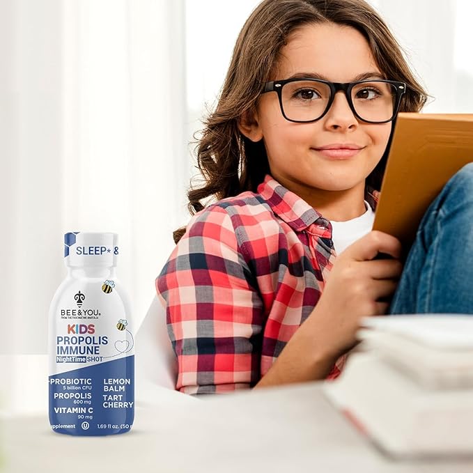 Bee and You Kids Propolis Immune Night Time Shot - Probiotic, Lemon Balm, Tart Cherry, Sleep Support, Immune Support, Gut Health 1.69 Fl. oz, 12 Pack